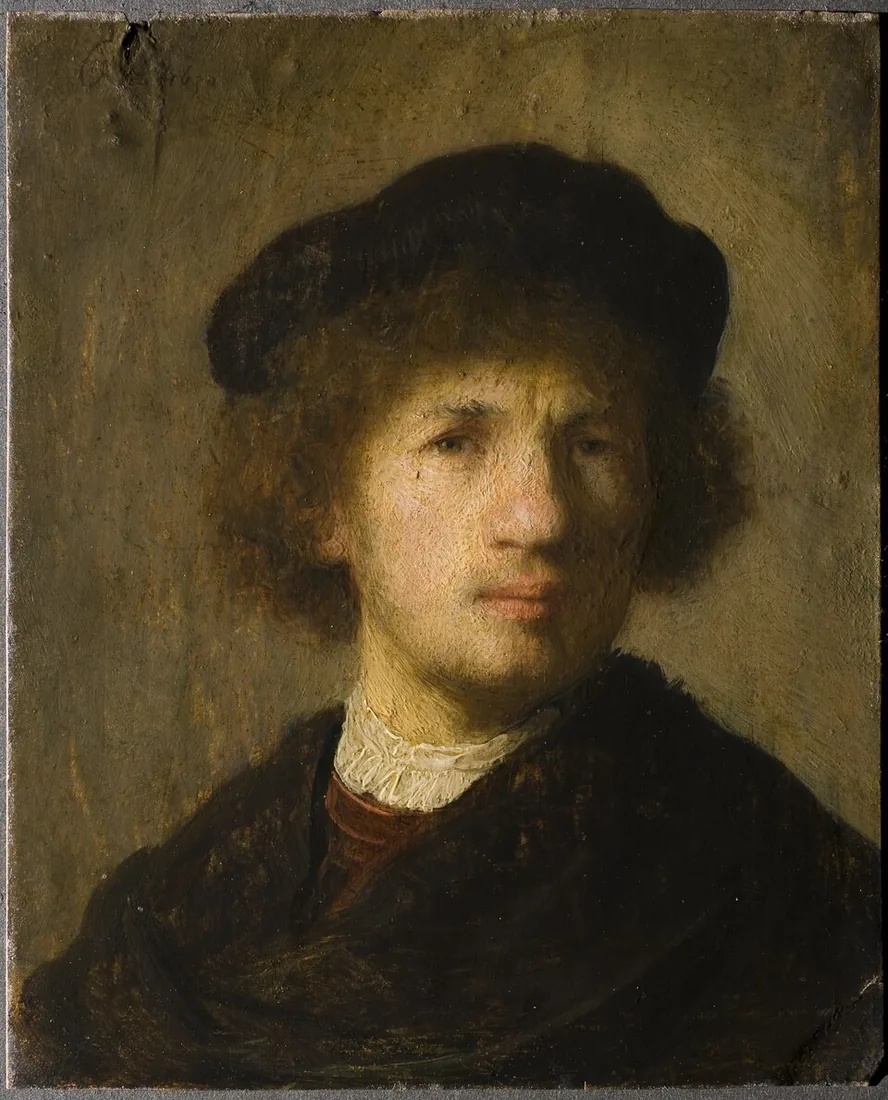 Small self-portrait on copper with beret and gathered shirt