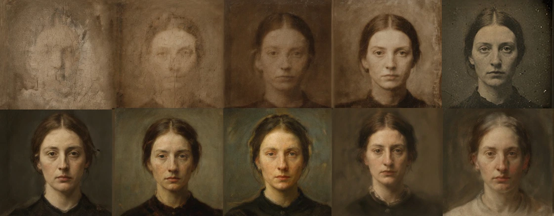 A face emerging from painterly residue into a reconstructed portrait sequence
